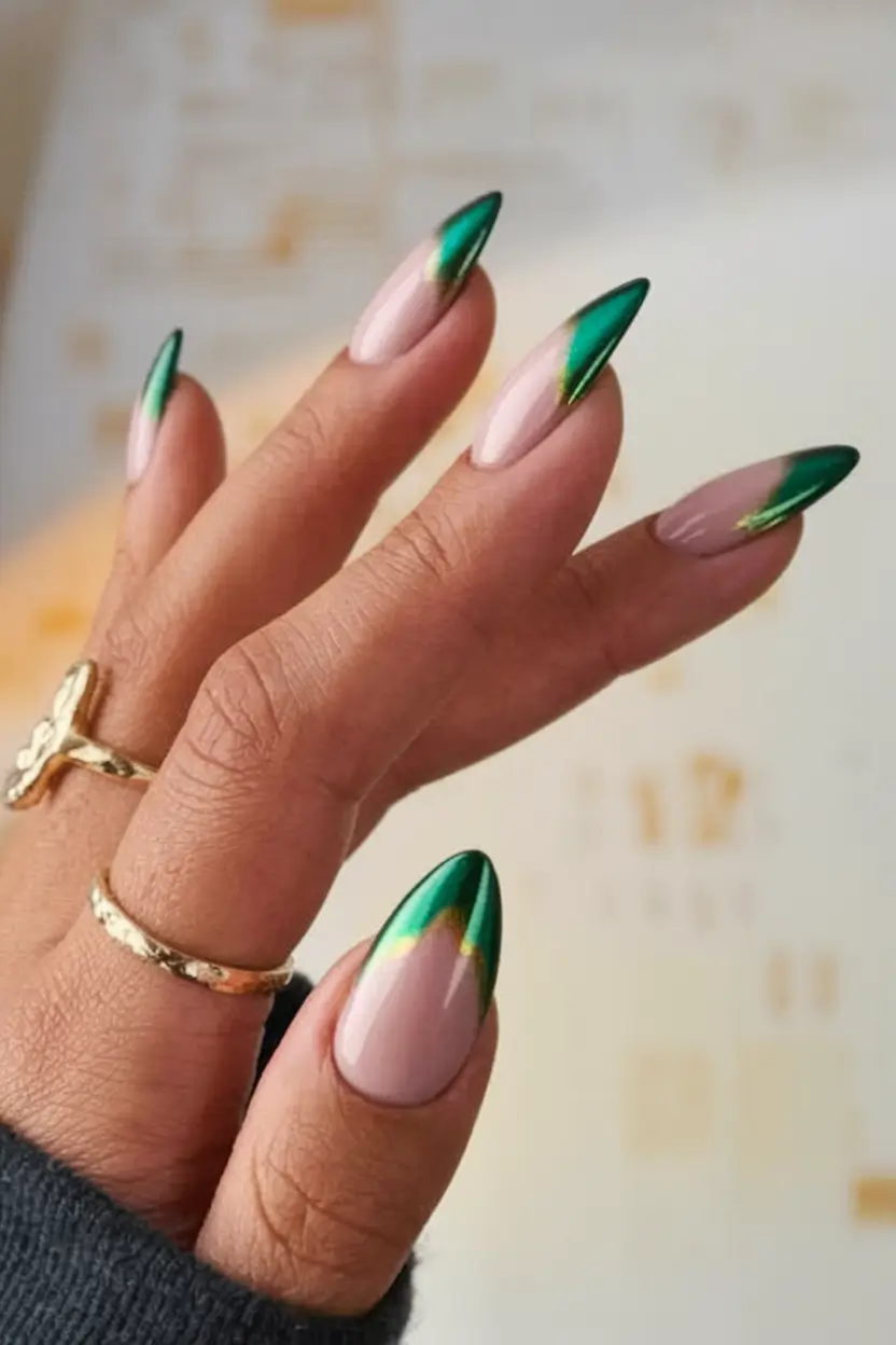 fall chrome nails 2025 Green-Tipped Minimalism