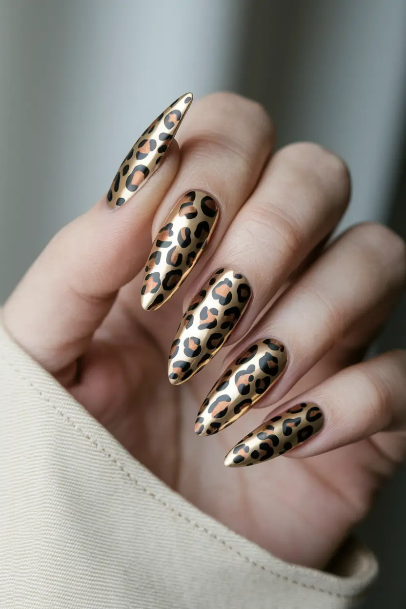 fall chrome nails 2025 Leopard Luxe Chrome