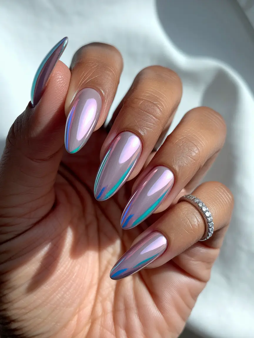 fall chrome nails 2025 Pearlescent Glow