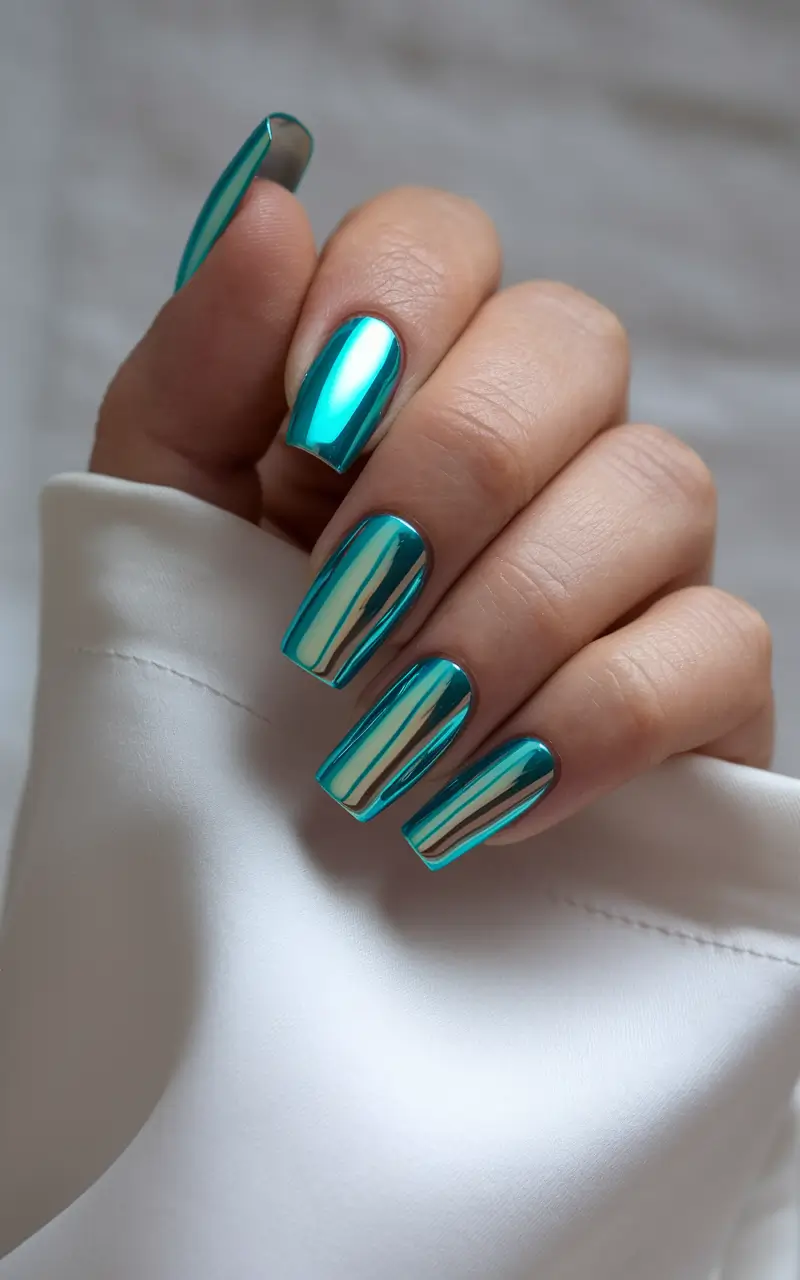 fall chrome nails 2025 Aqua Chrome Pop