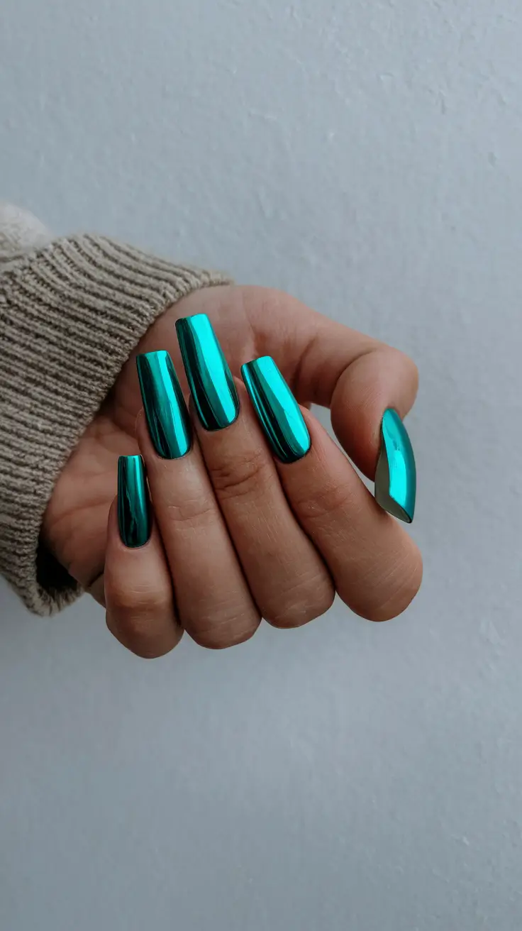 fall chrome nails 2025 Teal Chrome Chic