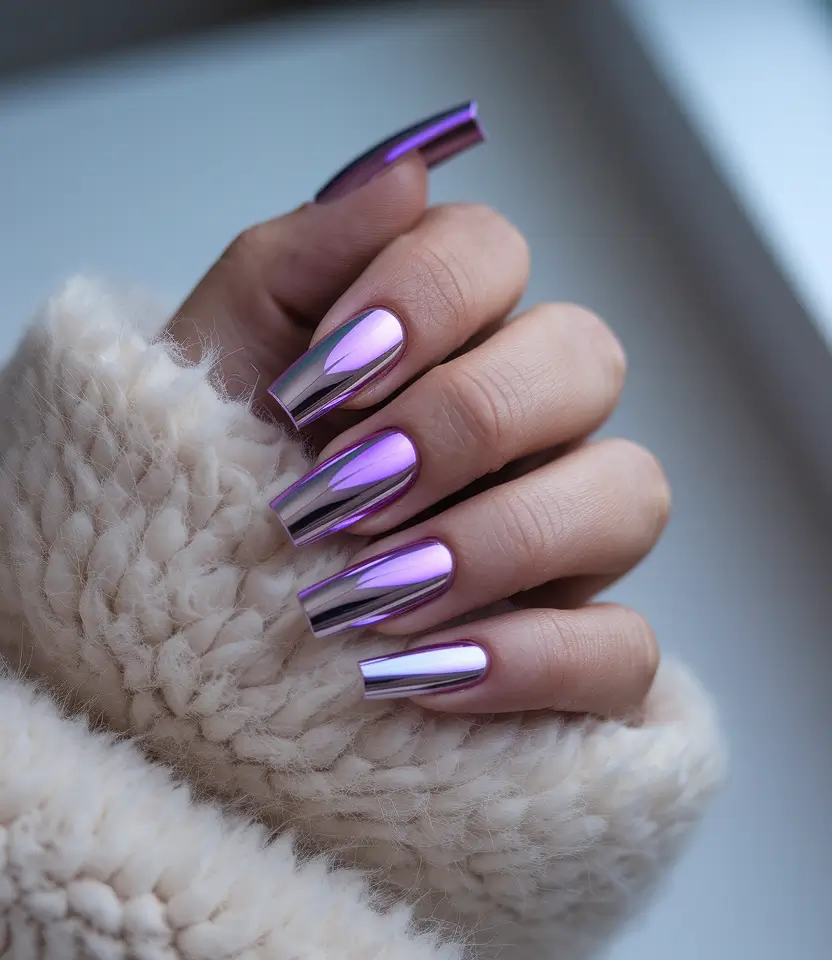 fall chrome nails 2025 Lavender Chrome Glow