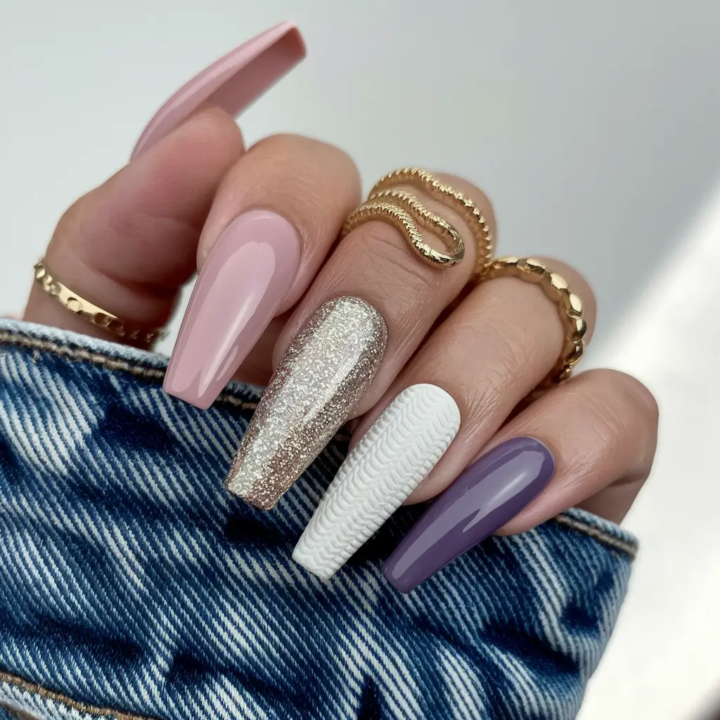 fall coffin nail ideas 2025 Multi-Tone Cozy Luxe