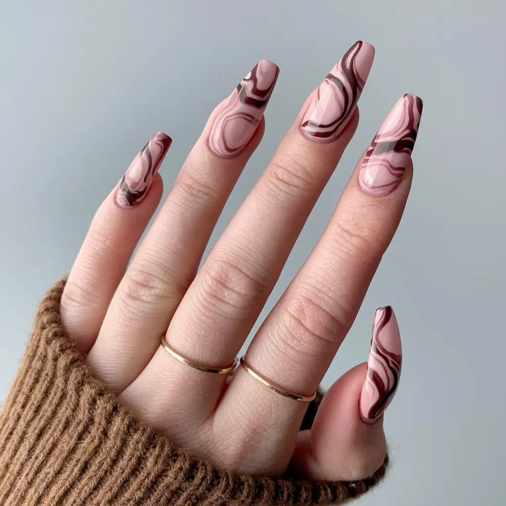 fall coffin nail ideas 2025 Rosewood Swirl