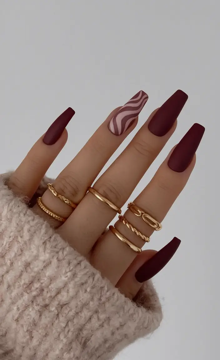 fall coffin nail ideas 2025 Matte Merlot & Candy Swirl