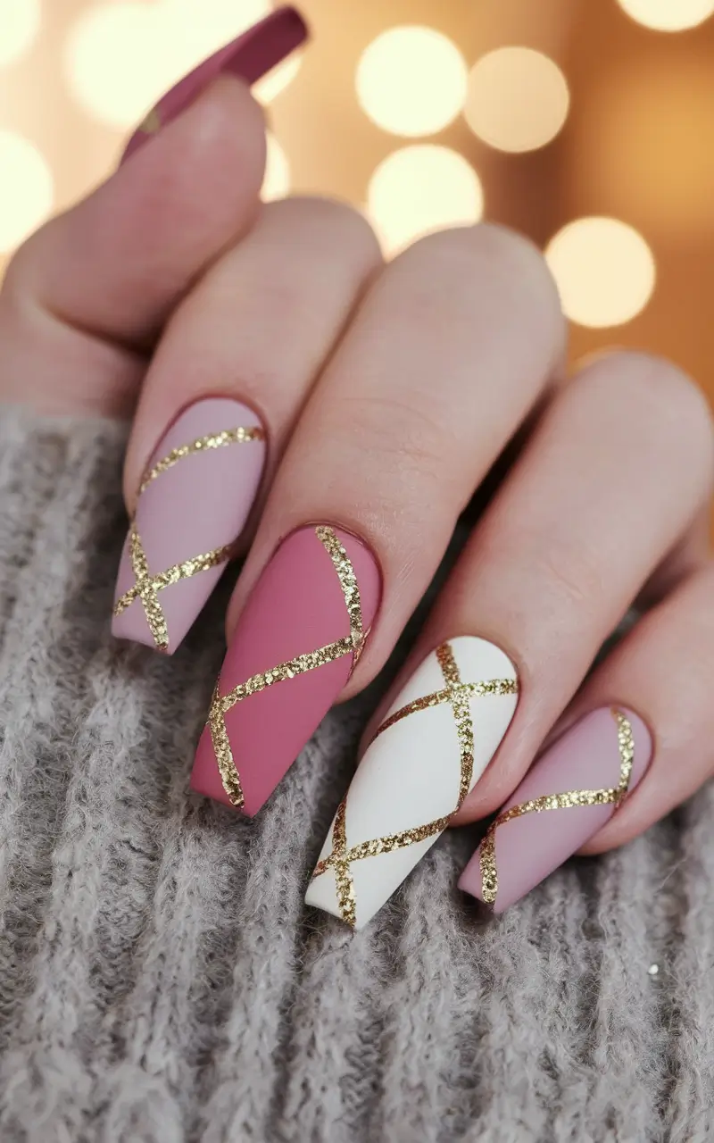 fall coffin nail ideas 2025 Golden Lattice on Matte Romance