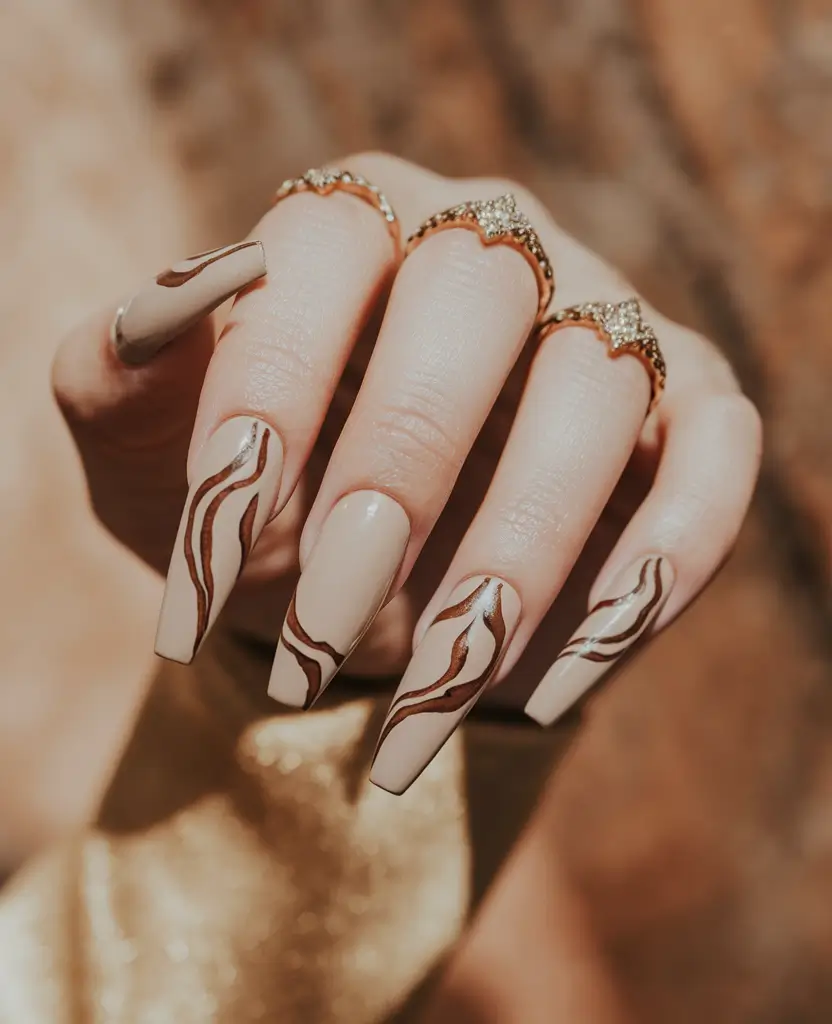 fall coffin nail ideas 2025 Mocha Swirl Elegance