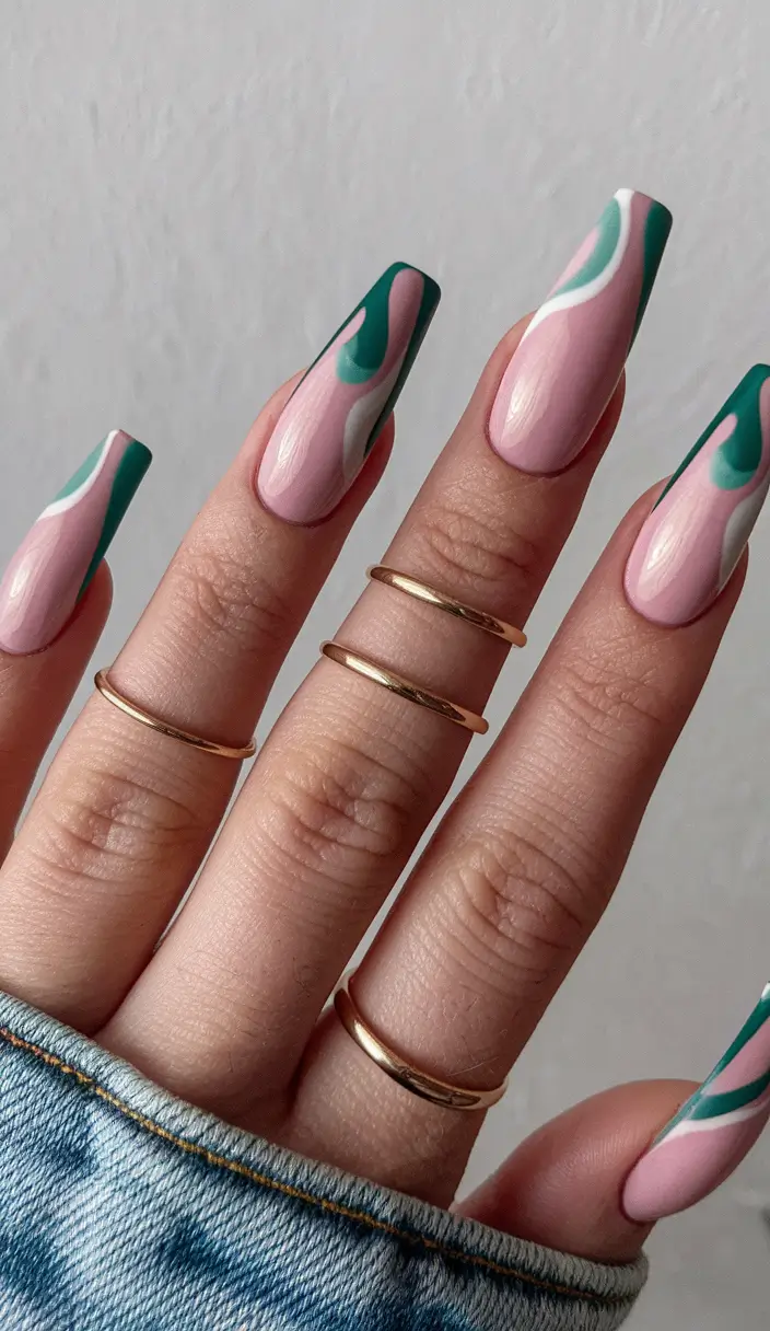 fall coffin nail ideas 2025 Retro Pink & Emerald Waves