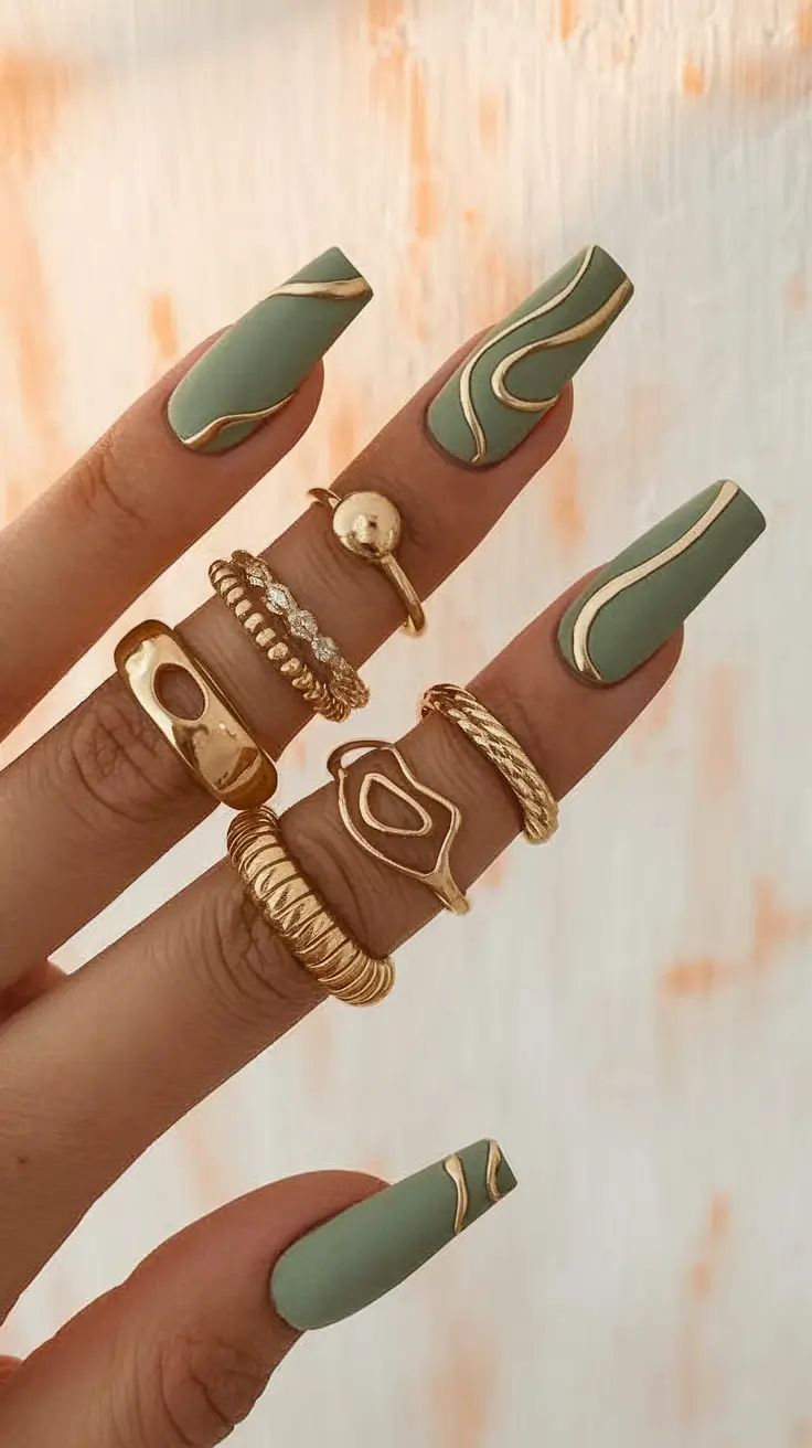 fall coffin nail ideas 2025 Matte Sage with Gold Flow