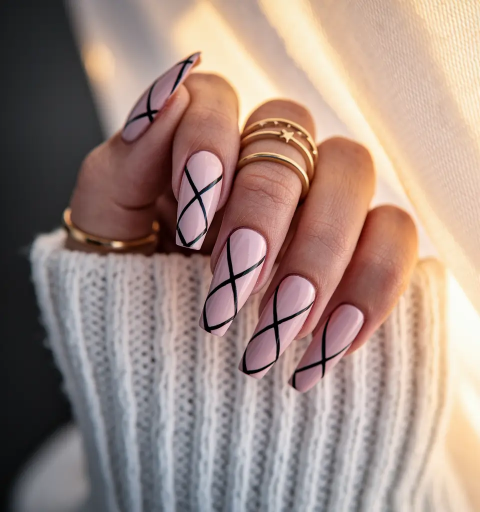 fall coffin nail ideas 2025 Blush & Black Minimalist Lines