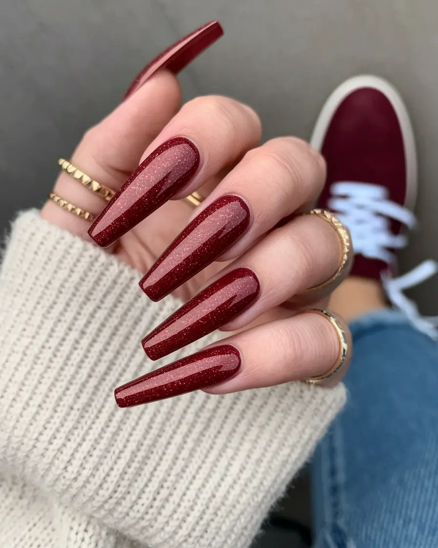 fall coffin nail ideas 2025 Classic Burgundy Sparkle