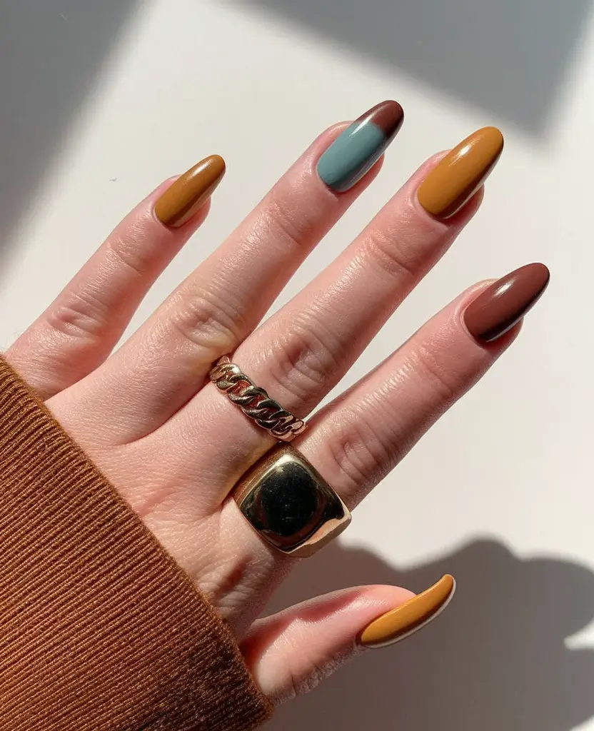Fall Color-Block Nail Muted Retro Tones