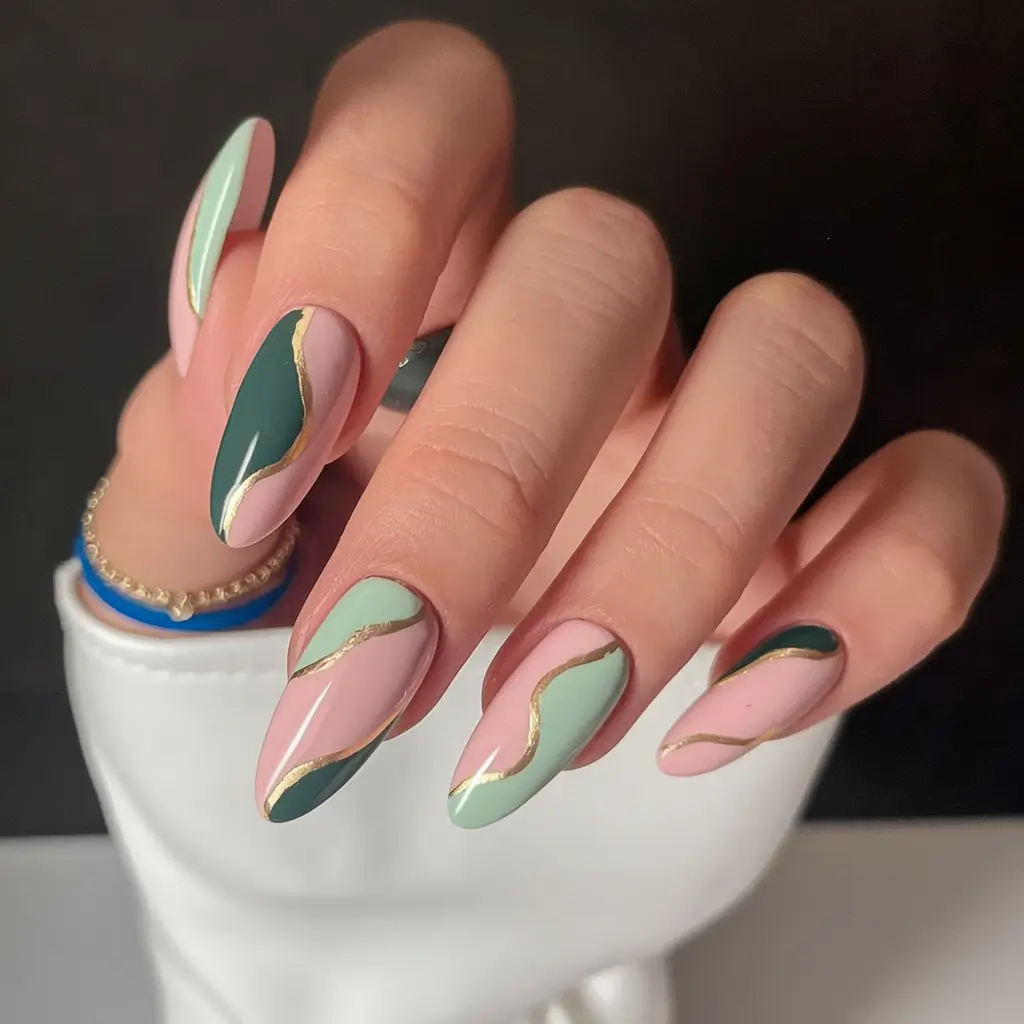 Fall Color-Block Nail Soft Sage and Rose Gold Lines