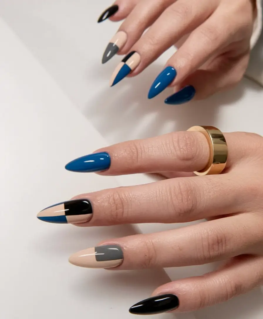 Fall Color-Block Nail Sharp Blue and Black Angles