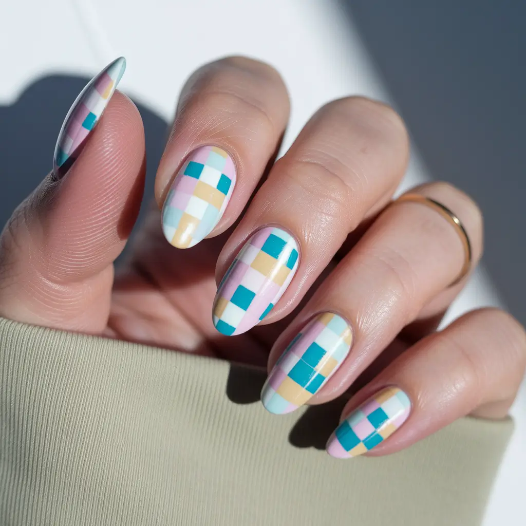 Fall Color-Block Nail Pastel Checkerboard Charm