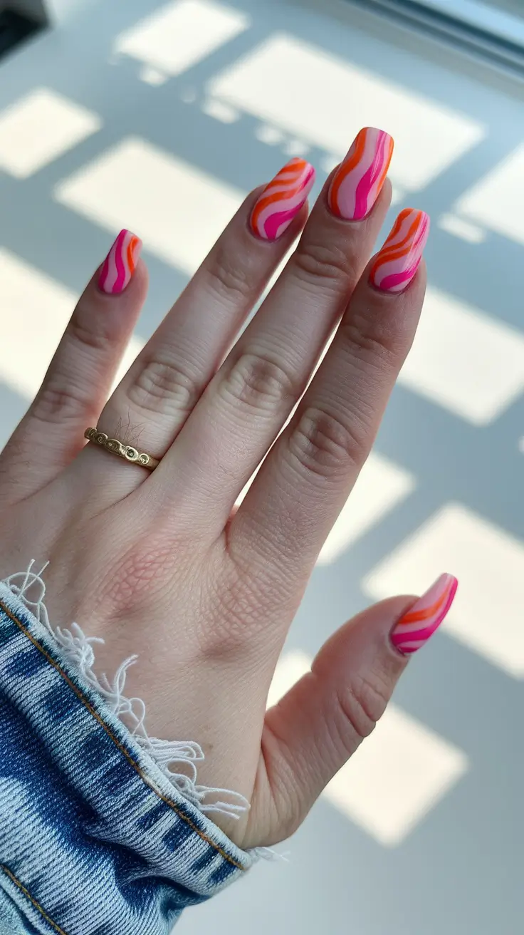 Fall Color-Block Nail Pink and Orange Retro Waves