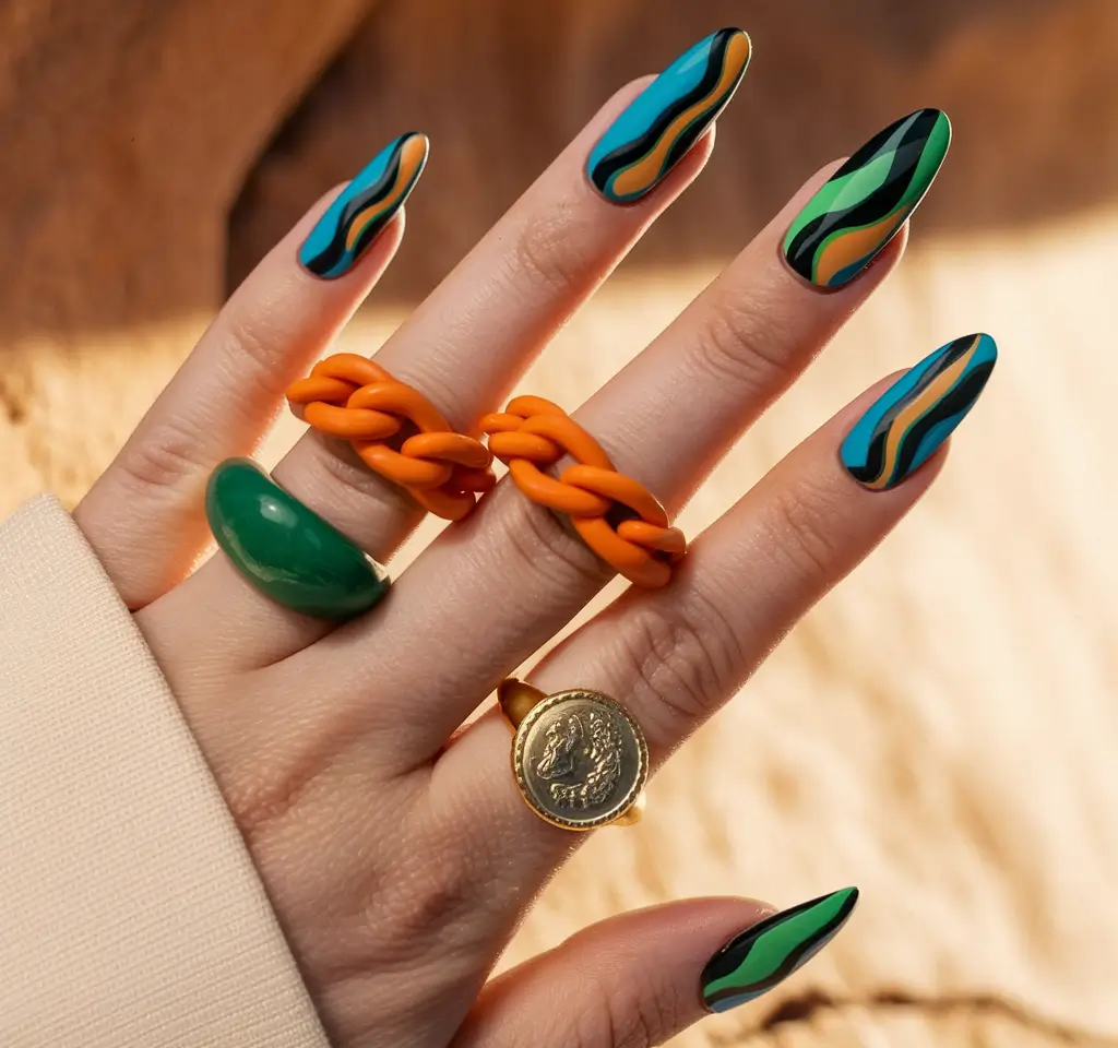 Fall Color-Block Nail Deep Green and Blue Waves