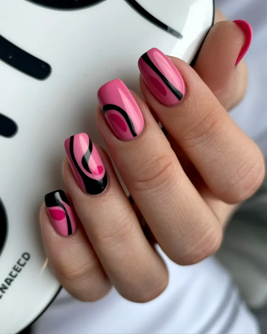 Fall Color-Block Nail Playful Pink Waves