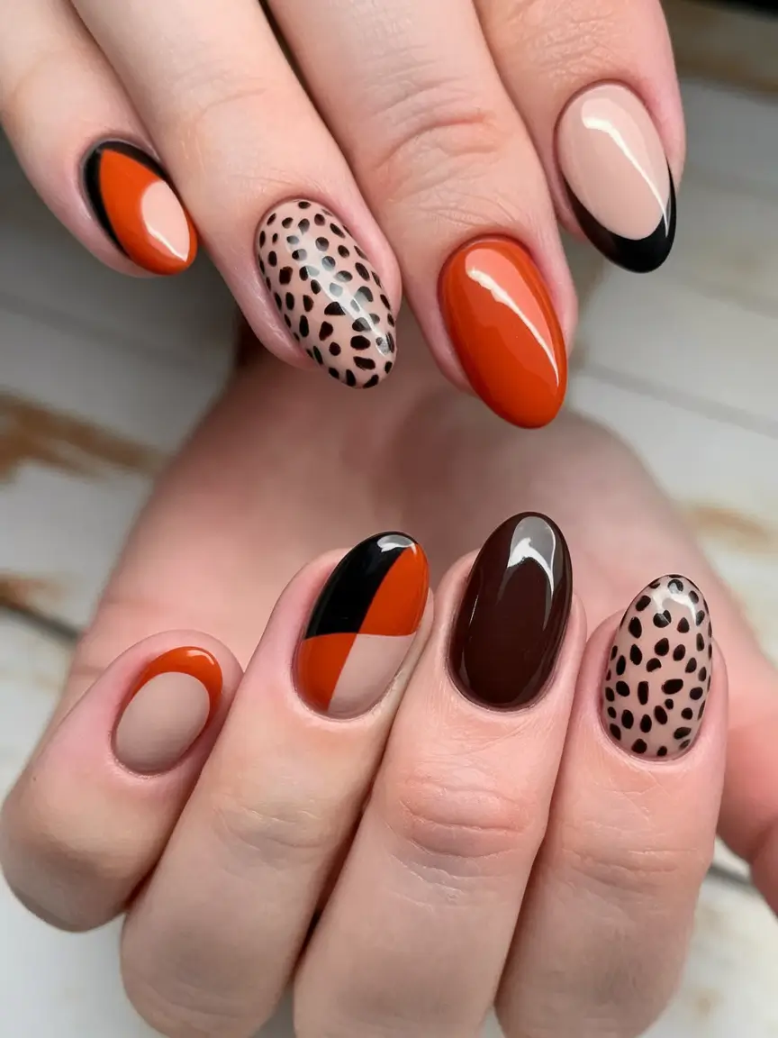 Fall Color-Block Nail Animal Print Meets Block Color