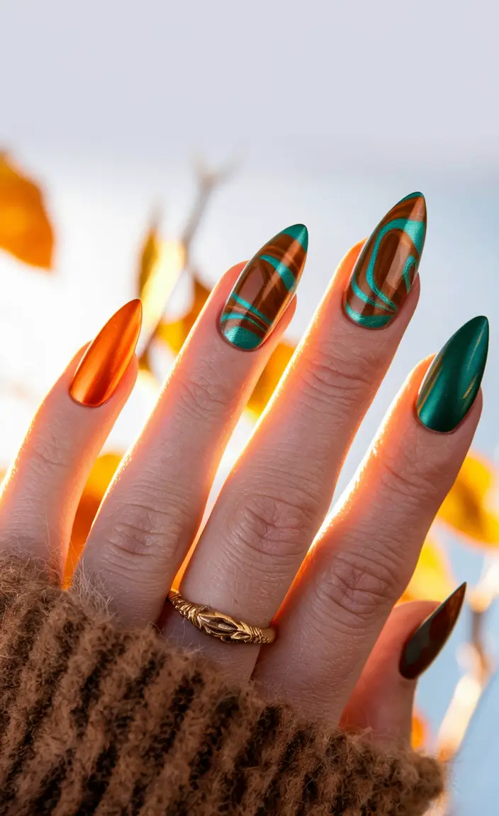 Fall Color-Block Nail Emerald and Copper Flow