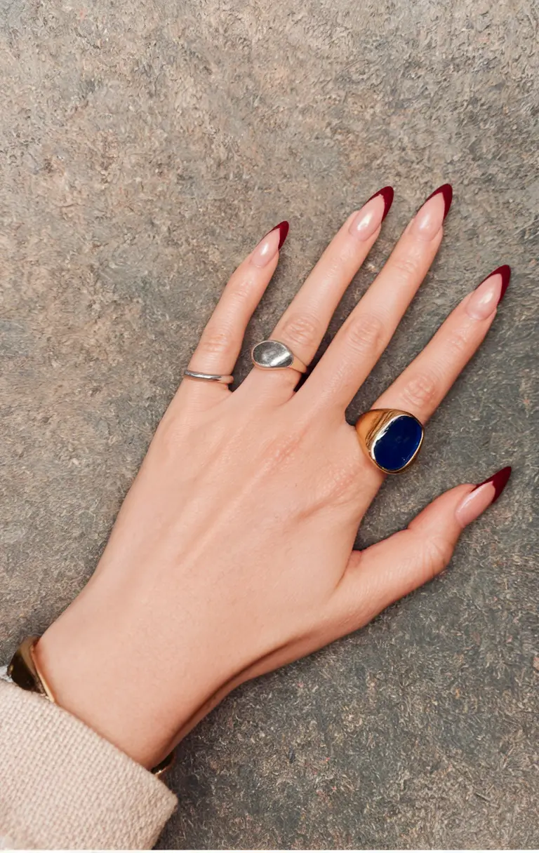 Fall French Tip Nails 2025 – Classic Garnet Almond with a Sharp Point