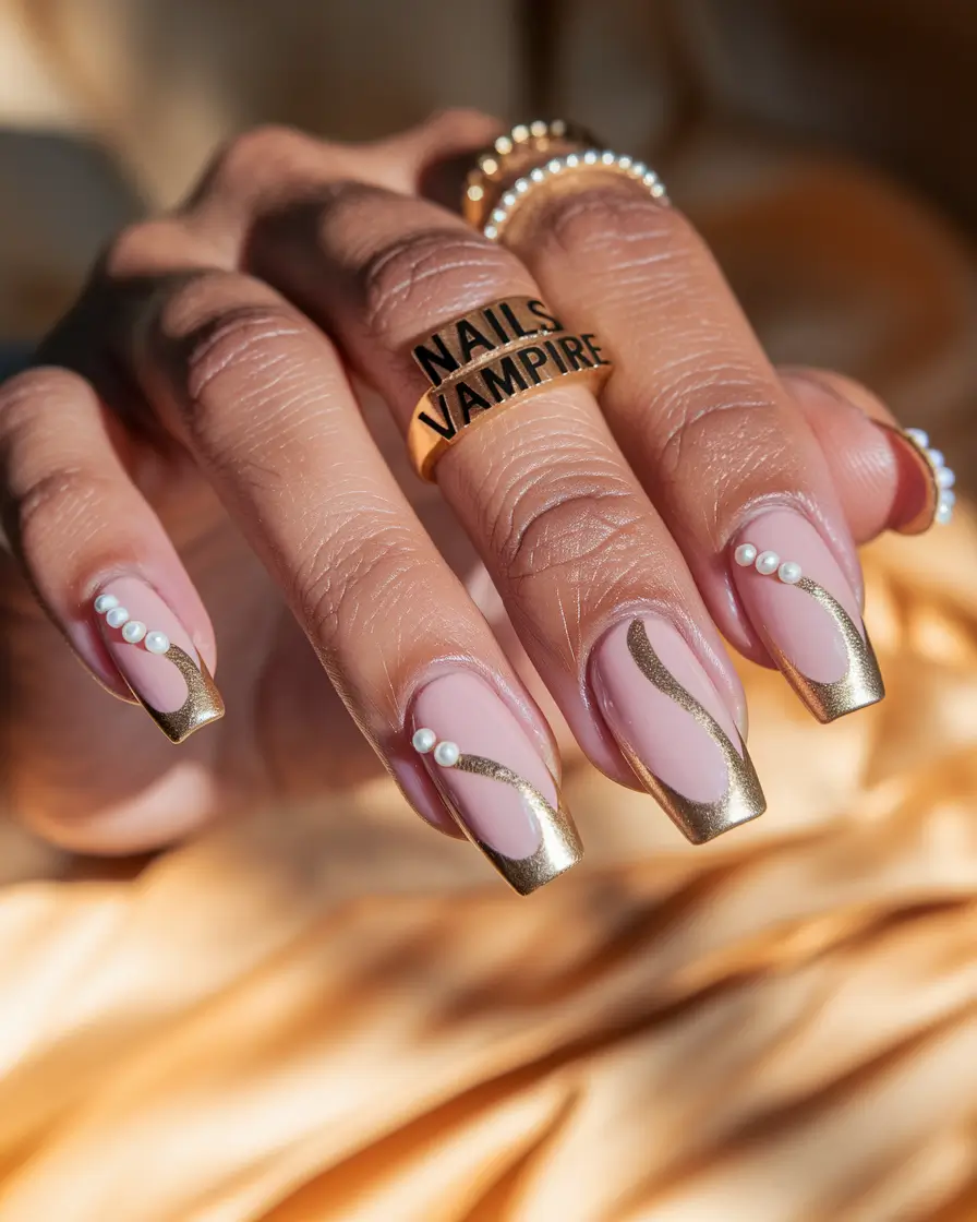 Fall French Tip Nails 2025 – Gold Swirl French with Pearl Accents