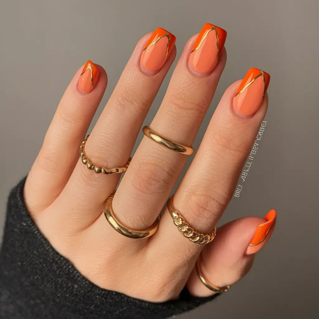 Fall French Tip Nails 2025 – Bright Orange French with Metallic Outline