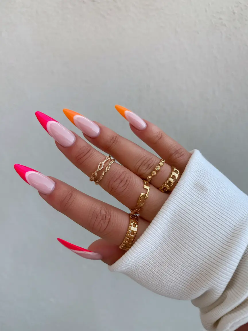 Fall French Tip Nails 2025 – Two-Tone Almond with Pink and Orange Tips