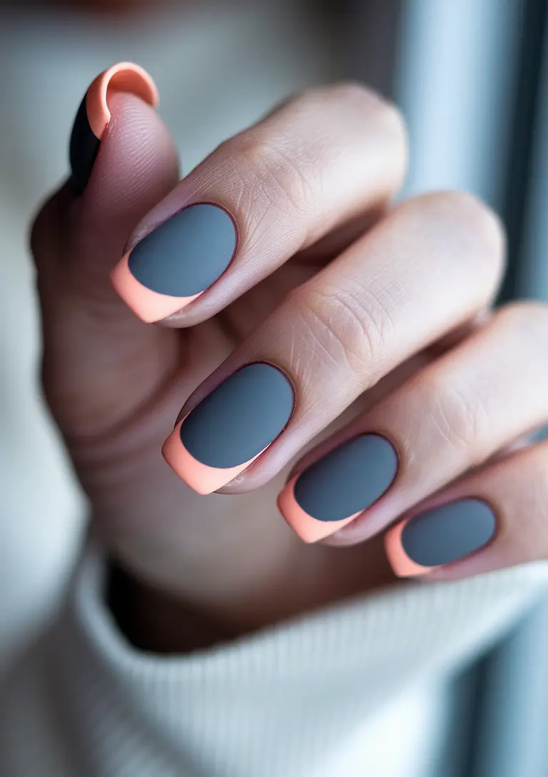 Fall French Tip Nails 2025 – Matte Squoval with Peach Contrast