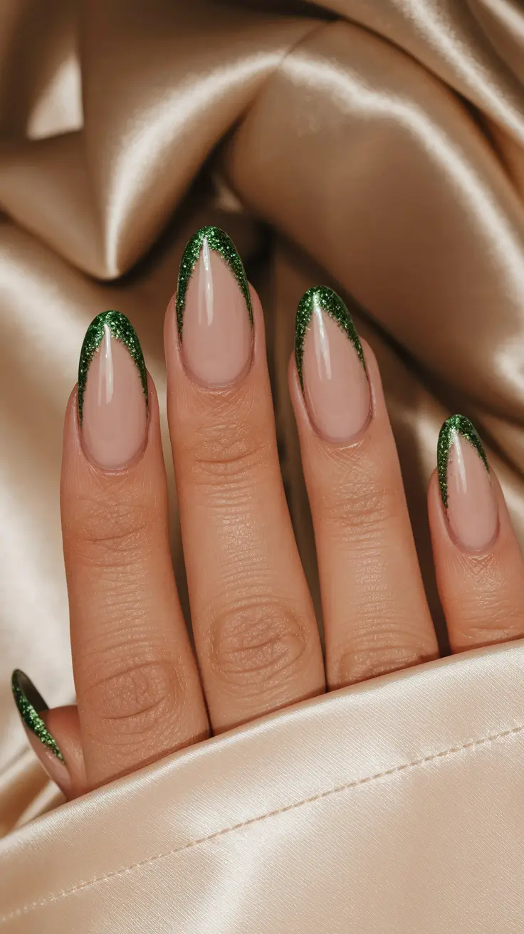 Fall French Tip Nails 2025 – Emerald Glitter on Almond Tips