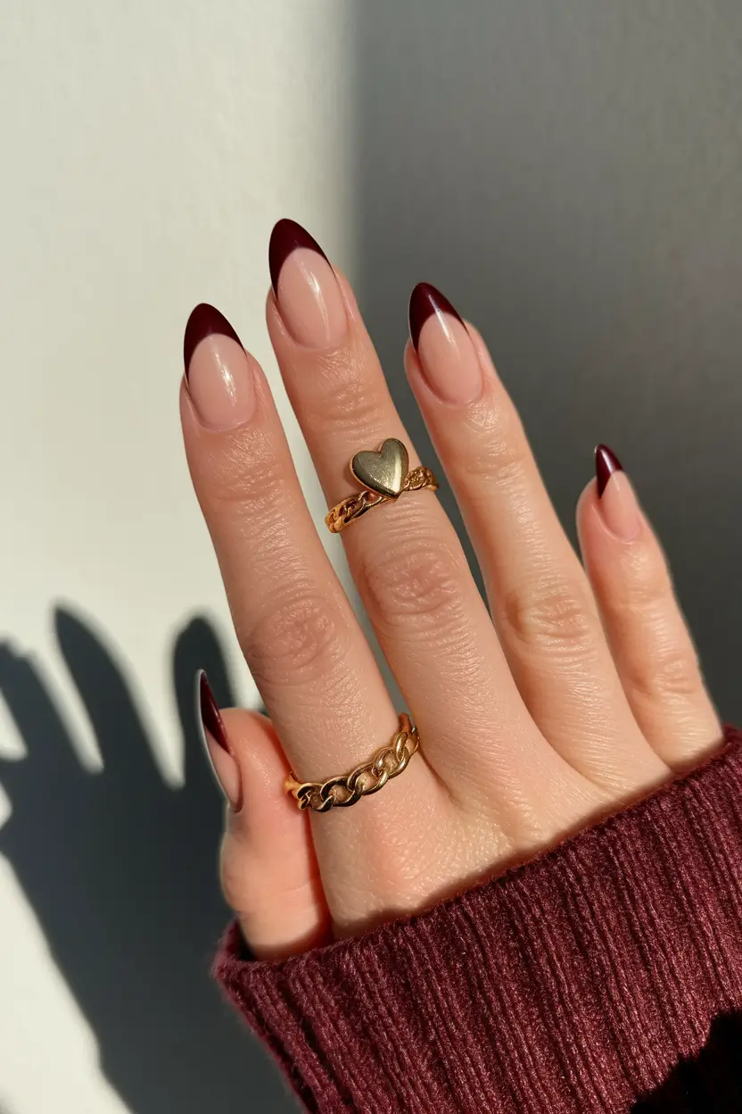 Fall French Tip Nails 2025 – Deep Wine French with Gold Accent Rings