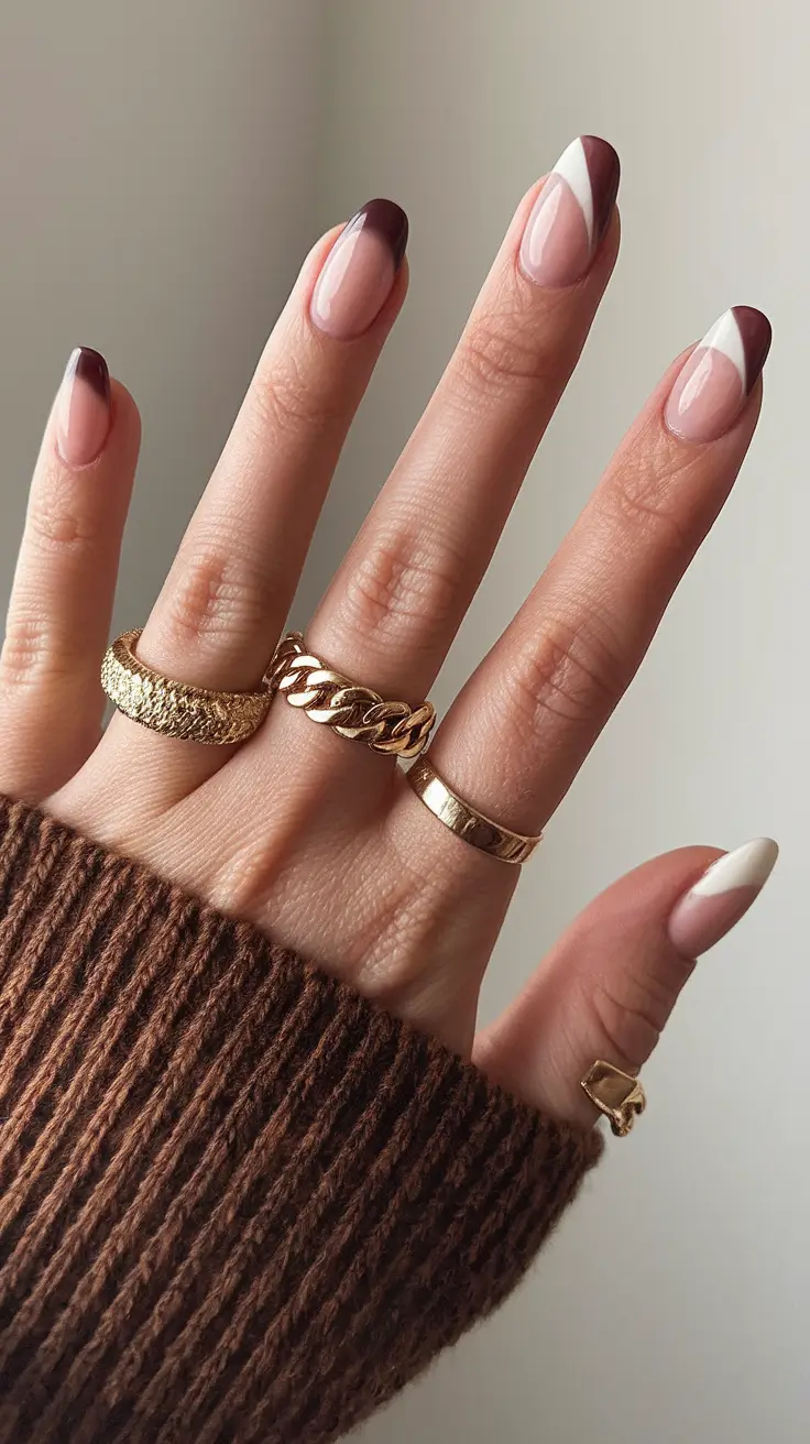 Fall French Tip Nails 2025 – Two-Tone Mocha Almond with Cream Diagonal