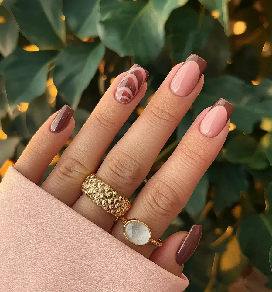 Fall French Tip Nails 2025 – Chocolate Square with Retro Swirl Accent