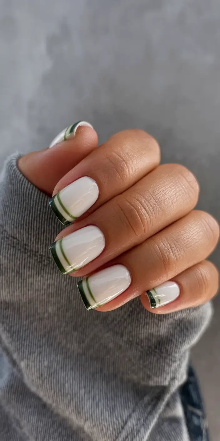 Fall French Tip Nails 2025 – Crisp White with Olive Double Stripe Tips