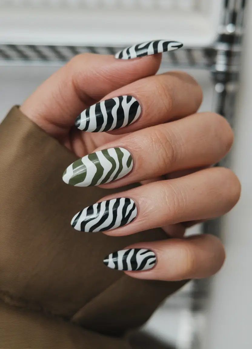 fall gel nails designs 2025 – Zebra Waves with Forest Olive Accents