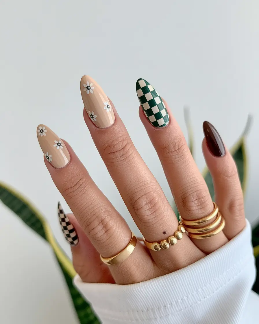 fall gel nails designs 2025 – Playful Daisies & Checkerboard Mix