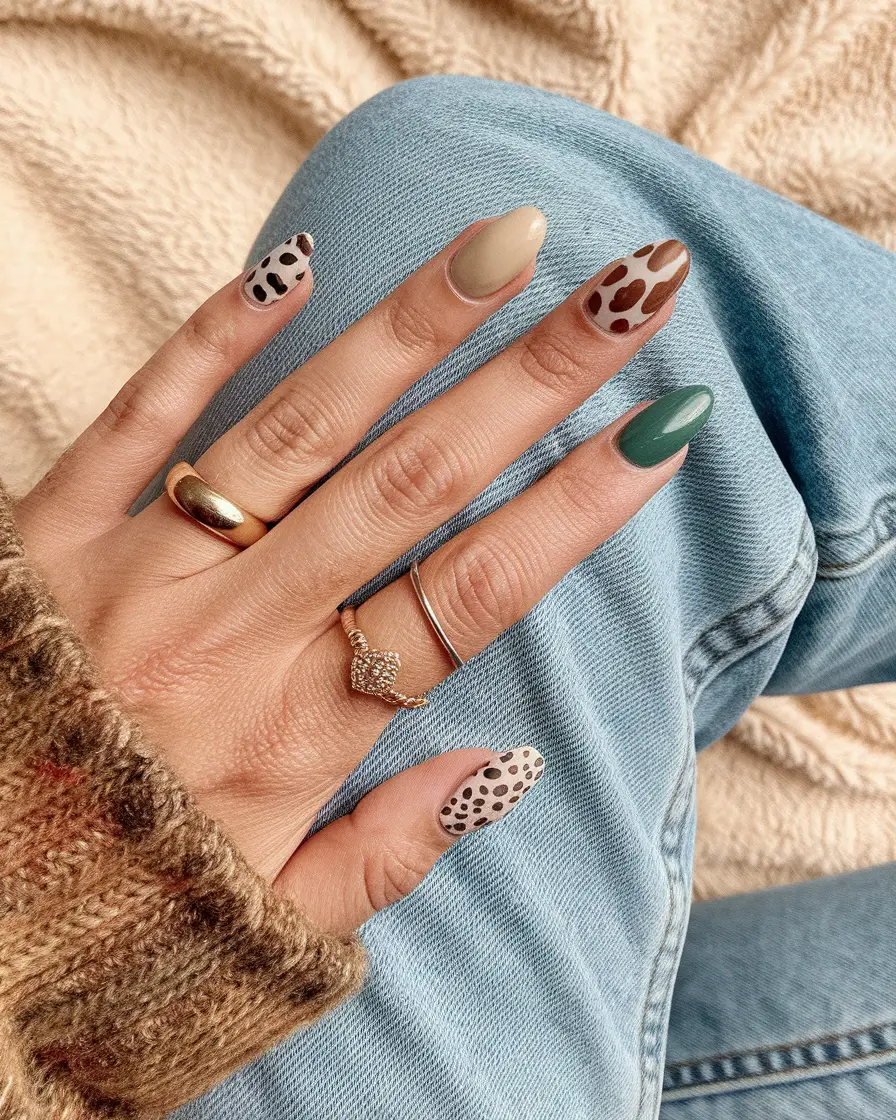 fall gel nails designs 2025 – Soft Animal Mix with Sage Pop (Short)