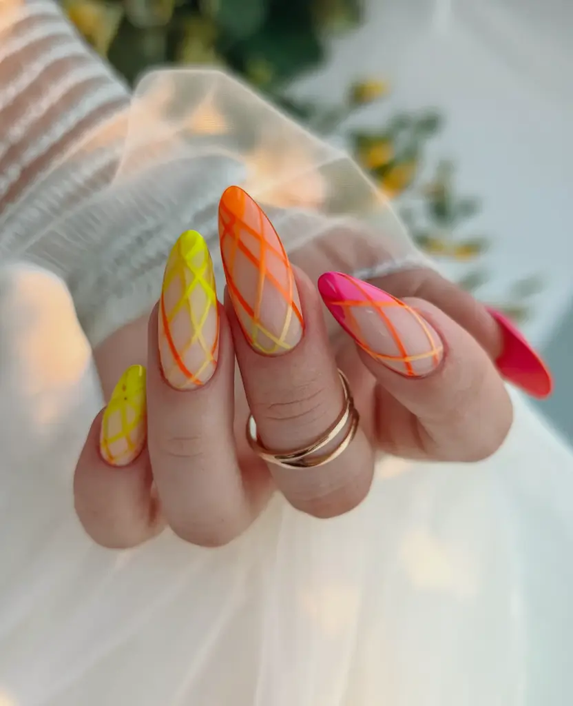 Fall Geometric Nails 2025 Neon Grid With a Gradient Glow
