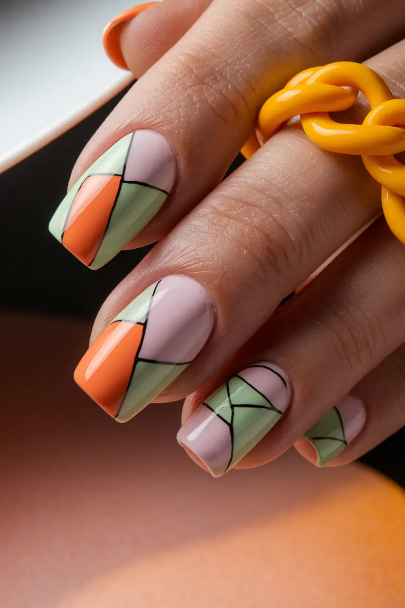 Fall Geometric Nails 2025 Retro Blocks in Sage and Tangerine