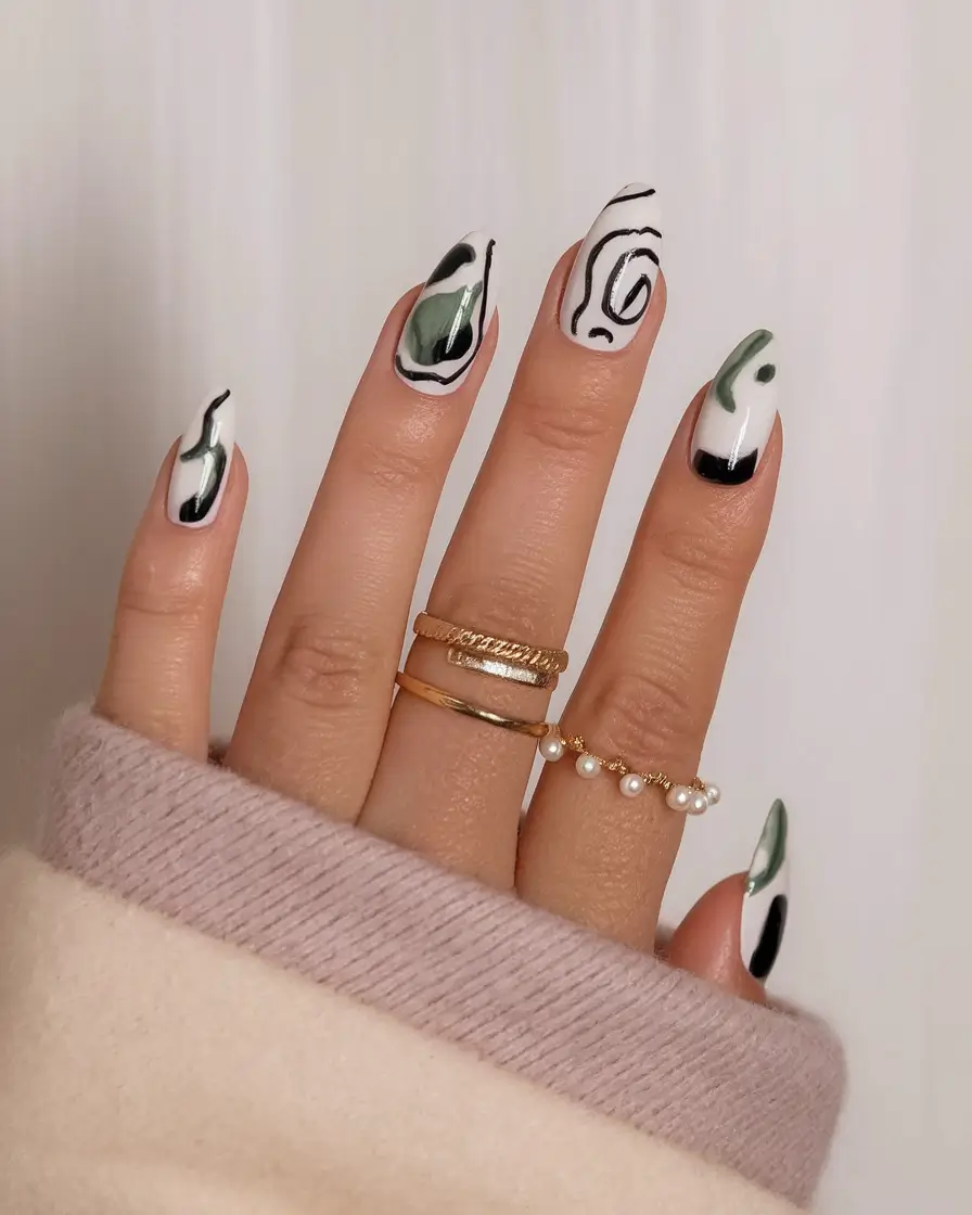 Fall Geometric Nails 2025 Moody Swirls in Forest Green