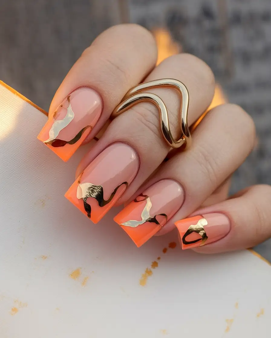 Fall Geometric Nails 2025 Gilded Flames on Neon Tips