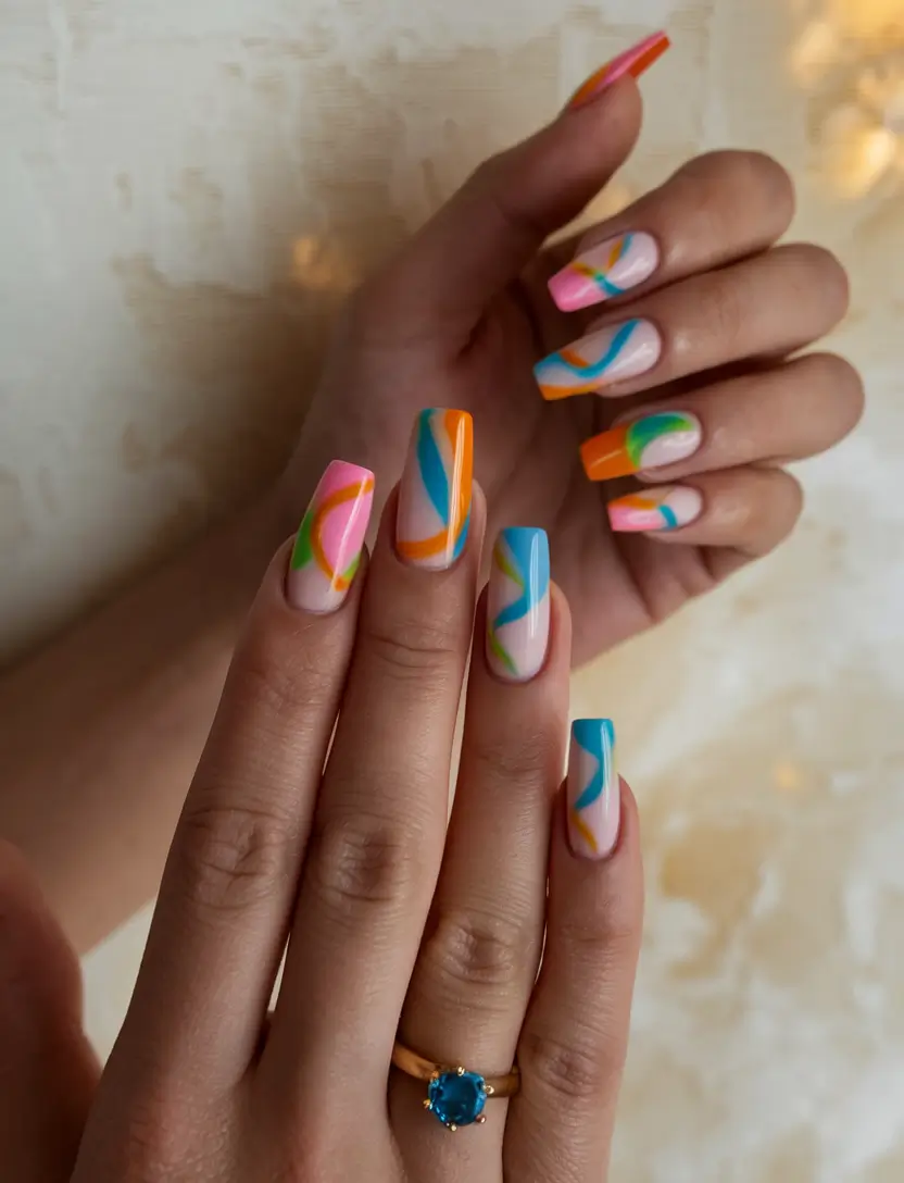 Fall Geometric Nails 2025 Playful Waves in Neon Shades