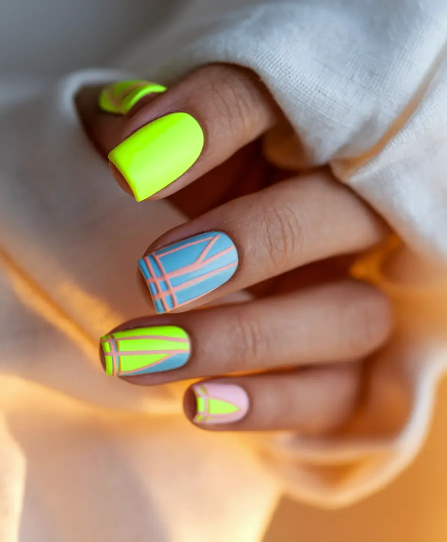Fall Geometric Nails 2025 Electric Neon Meets Structured Lines