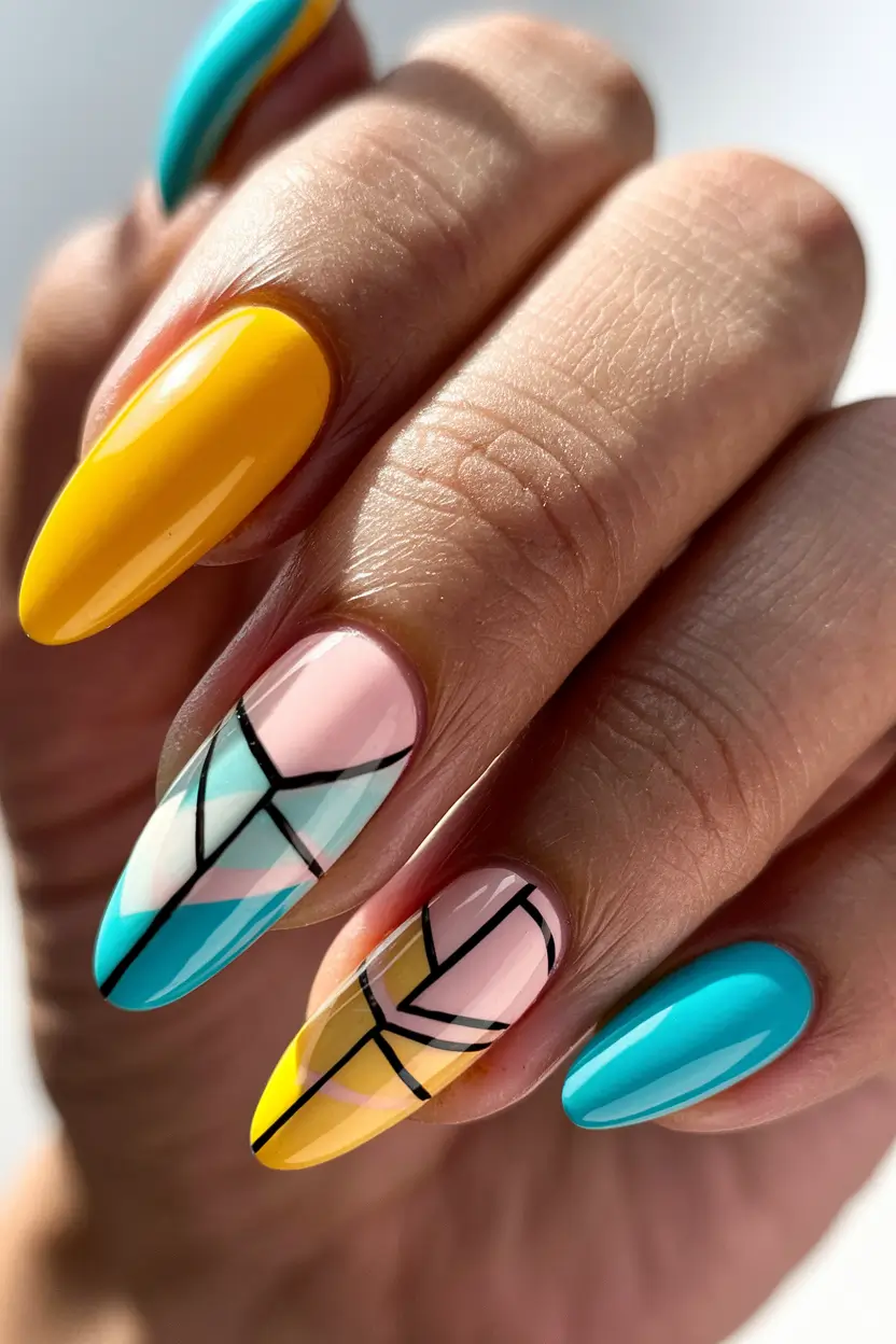 Fall Geometric Nails 2025 Sunny Yellow Meets Cool Aqua