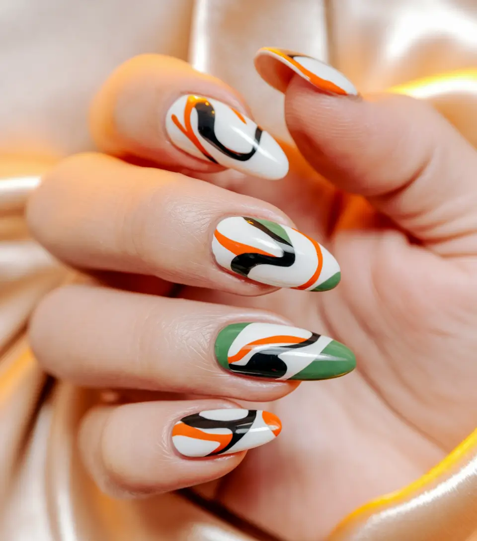 Fall Geometric Nails 2025 Bold Swirls in Autumn Tones