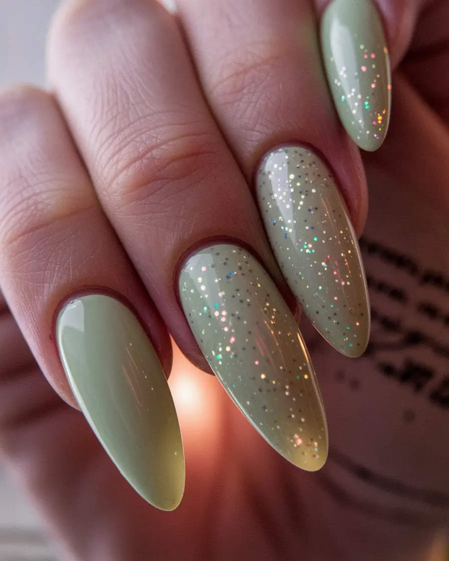 fall green nails 2025 Sage Green Sparkle