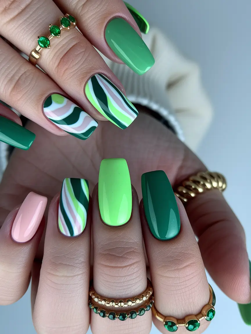 fall green nails 2025 Retro Swirl Squares