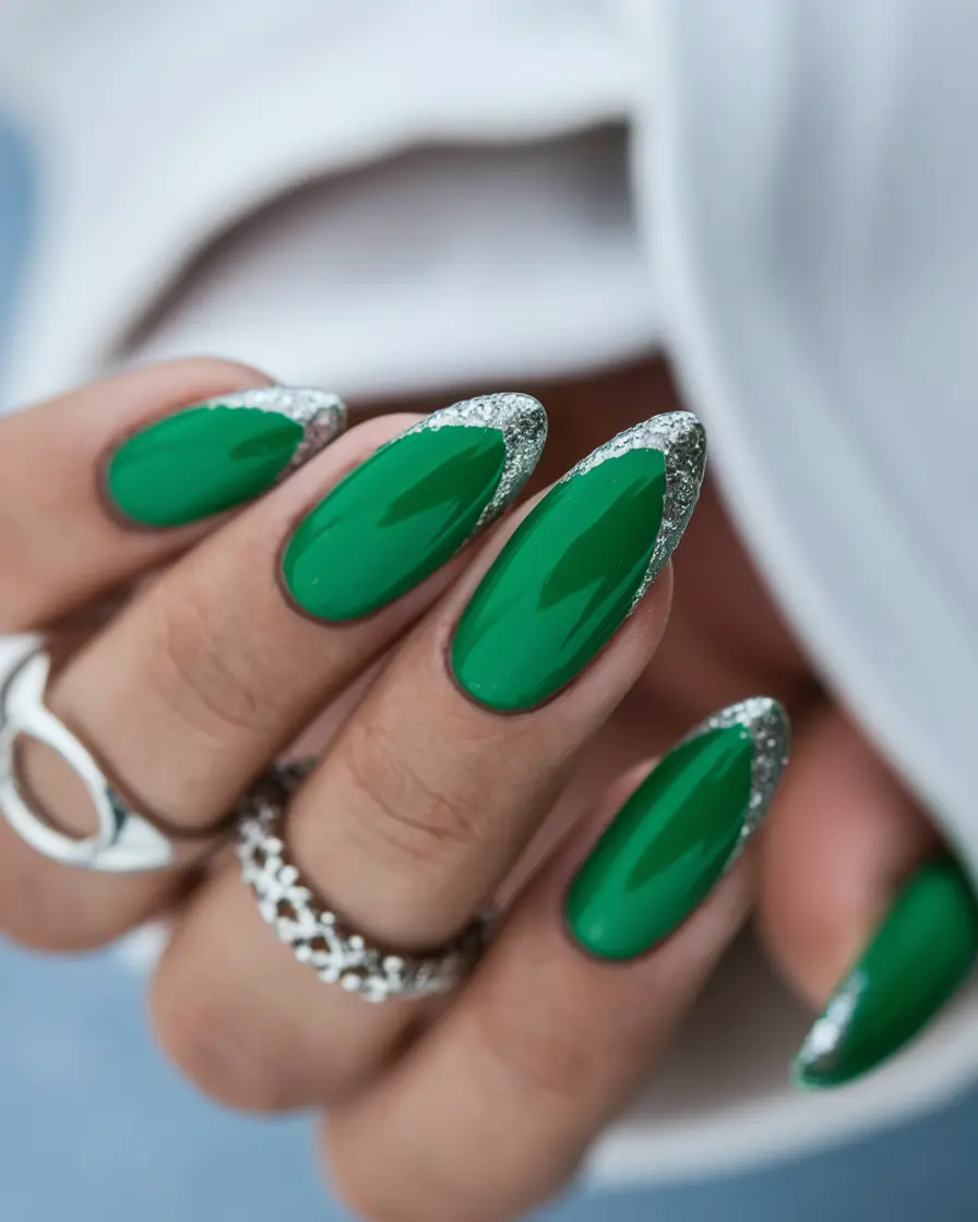 fall green nails 2025 Emerald Glitter French