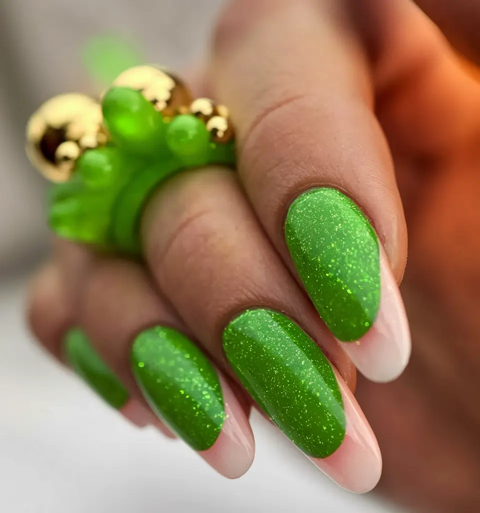 fall green nails 2025 Shimmery Apple Glow