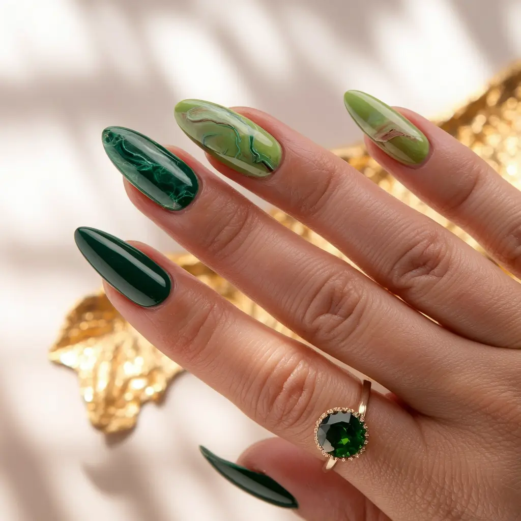 fall green nails 2025 Marble Magic Greens